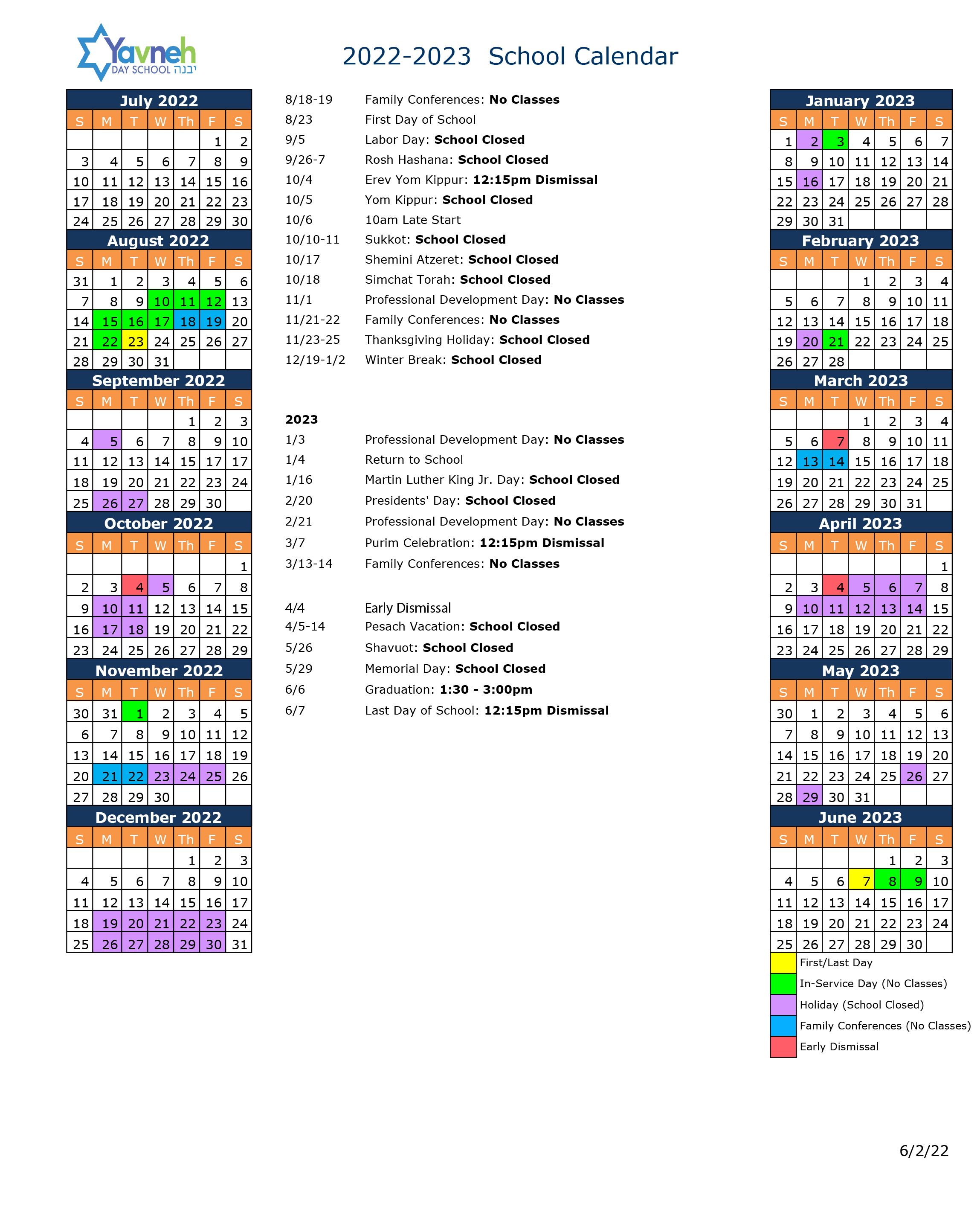 School Calendar Yavneh Day School