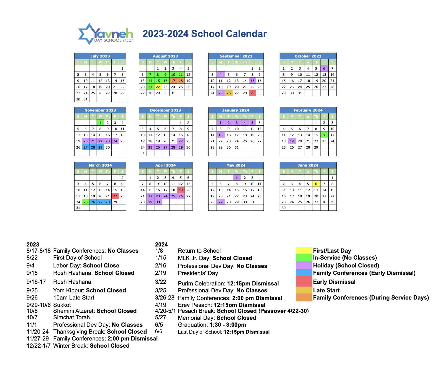 School Calendar 20232024 Yavneh Day School